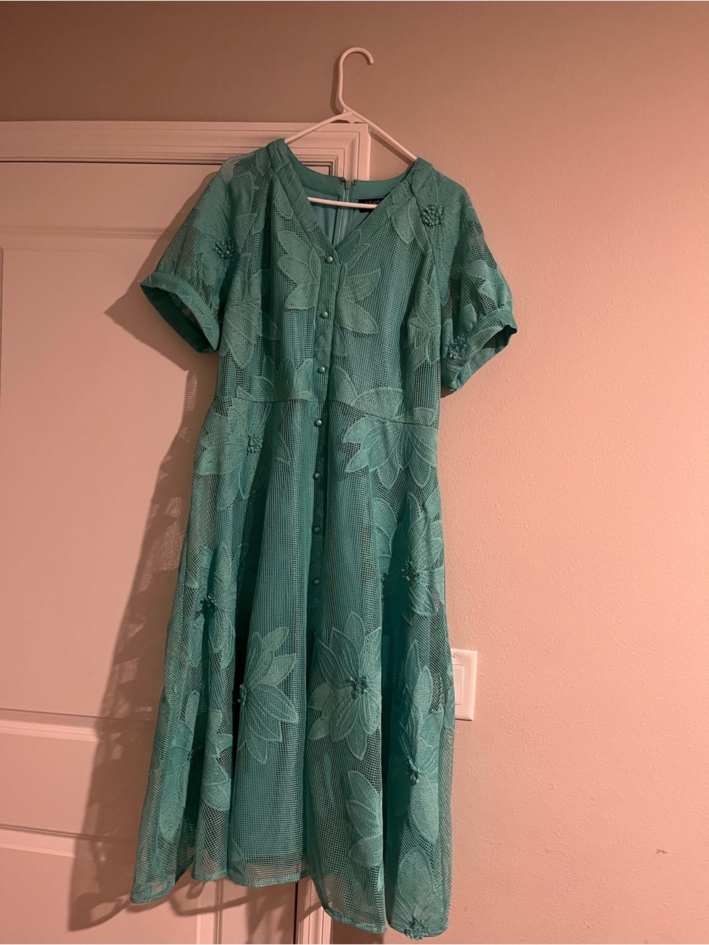 Button-Front Teal Midi Dress with Floral Embroidery